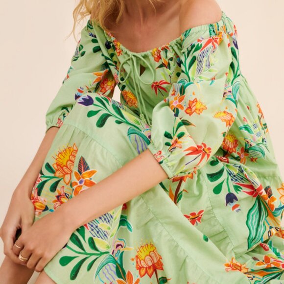 Farm Rio Anthropologie L NWT Off-The-Shoulder Tiered Floral Midi Dress Large - Picture 4 of 7
